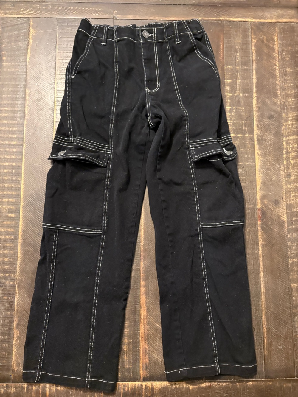 Black Denim Wide Leg Cargo Jeans Contrast White Stitching Button Elastic Waist